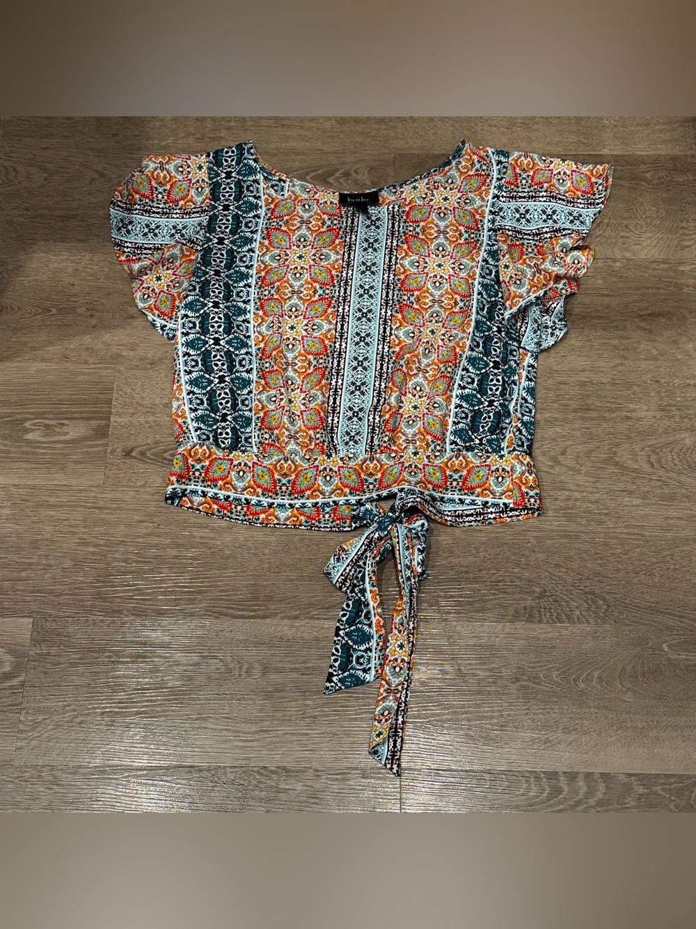 by & by Teal and Orange Boho Tie-Front Crop Top